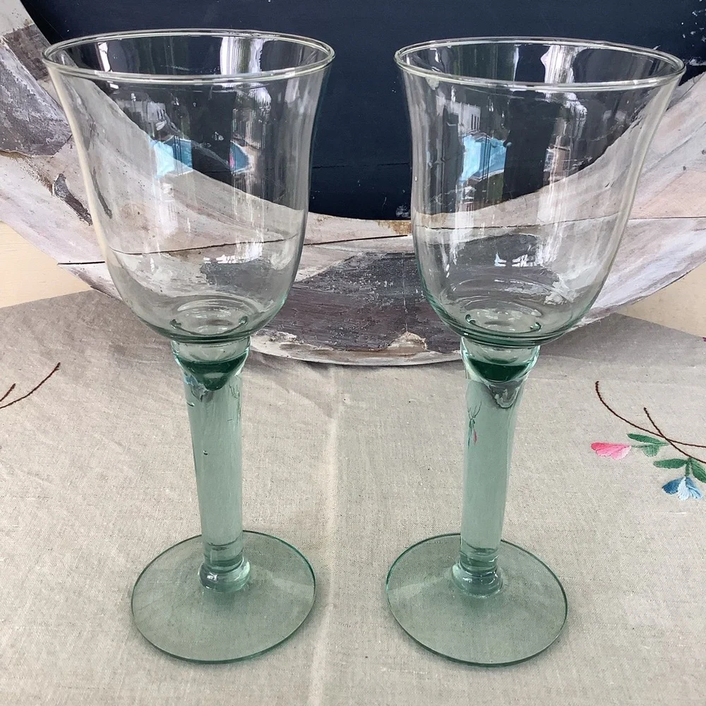 Vintage La Mediterranea Water Wine Handblown 2 Glasses Sea Green Tint Verde